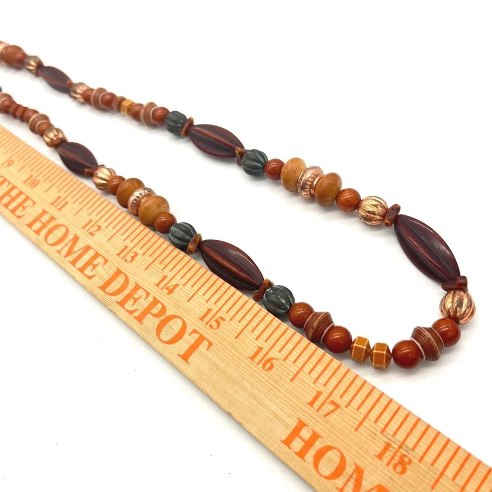Vintage Earth Tone Mixed Media Beaded Necklace Copper Boho Statement‎ 34in